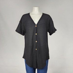 BIBI Black Waffle Knit Button Up Top Size L
